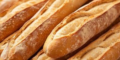 Freshly baked baguettes stacked at a local bakery photo