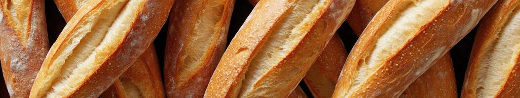 Freshly baked baguettes arranged on a wooden surface photo
