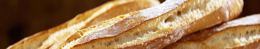 Freshly baked baguettes stacked on a wooden table in a warm kitchen photo