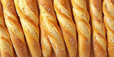 Freshly baked baguettes arranged in a line on a wooden surface photo