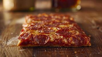Freshly baked salami pizza on a wooden surface with toppings photo