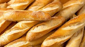 Freshly baked baguettes piled high on a wooden surface photo