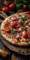 Delicious salami pizza with cherry tomatoes and fresh basil on wooden board photo