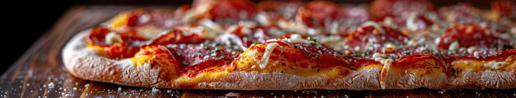Freshly baked salami pizza on a wooden table at a cozy eatery photo