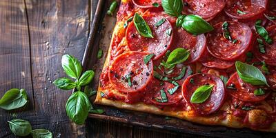 Homemade pizza with salami and fresh basil on a wooden table photo