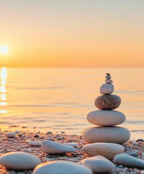 equilibrado zen piedras en un tranquilo playa a puesta de sol foto