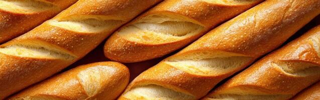 Freshly baked baguettes arranged neatly on a display table photo