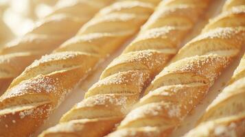 Freshly baked breadsticks on a wooden surface in warm light photo