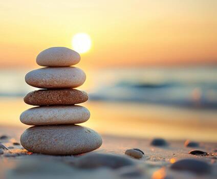 equilibrado zen piedras en el playa a puesta de sol foto