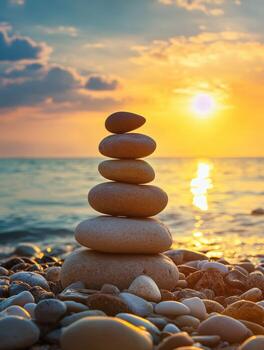 apilado zen piedras a puesta de sol por el calma Oceano foto
