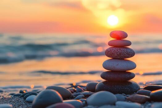 equilibrado zen piedras en el playa durante un vistoso puesta de sol foto