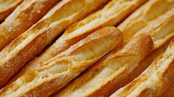 Freshly baked breadsticks arranged neatly on a wooden surface photo