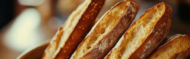 Freshly baked bread loaves on a wooden table in a bakery photo