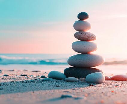 equilibrado zen piedras en un sereno playa a puesta de sol foto