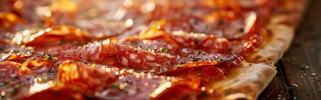 Freshly baked salami pizza with crispy crust and herbs photo