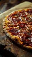 Delicious pizza topped with salami on a wooden cutting board photo