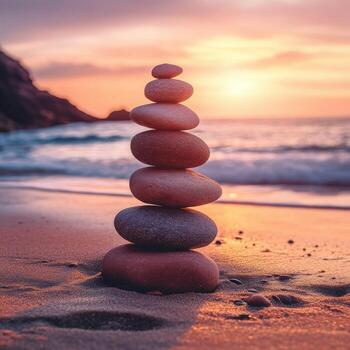 zen piedras equilibrado en un playa durante puesta de sol foto