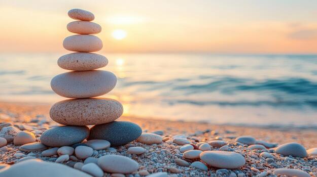 apilado zen piedras a amanecer a lo largo un tranquilo playa foto