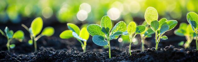 Soybean seedlings growing in a sunny field during early spring photo