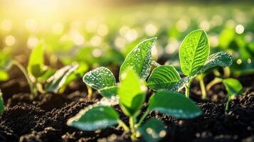 Soybean seedlings growing in a sunlit field at dawn photo