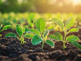 Soybean seedlings sprouting in a sunlit field during spring photo