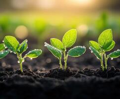 Young soybean seedlings growing in a field at sunrise photo