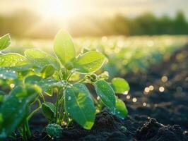 Soybean seedlings growing in a sunlit field at dawn photo