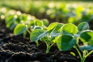 Young soybean seedlings emerge in a sunlit field at dawn photo