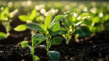 Soybean seedlings thriving in a sunlit field with morning dew photo