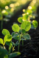 Soybean seedlings sprouting in a sunlit field after rainfall photo