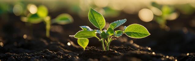 Soybean seedlings growing in a field during early morning sunlight photo