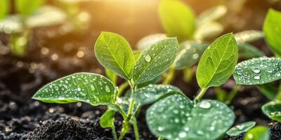 Soybean seedlings grow vigorously in a sunny field after rainfall photo