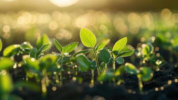 Soybean seedlings sprouting in a sunlit field during spring photo