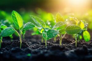 Growing soybean seedlings in a sunlit field during spring photo