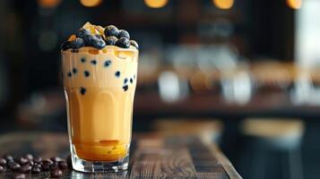 Boba milk tea topped with fresh blueberries in a cozy cafe setting photo