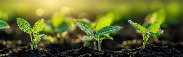 Soybean seedlings thriving in a field during the early morning sunlight photo