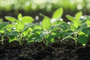 Young soybean seedlings growing in a field during early morning light photo