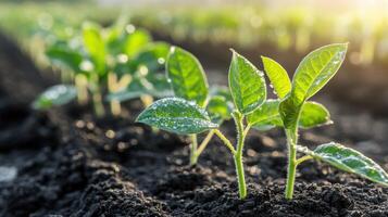 Soybean seedlings emerging in a sunlit field during spring photo