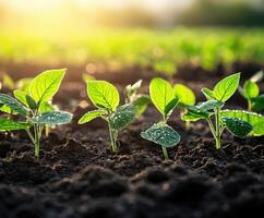 Soybean seedlings growing in a sunlit field during spring photo
