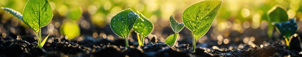 Soybean seedlings growing in a field at sunrise photo