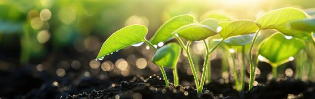 Soybean seedlings emerging in a field at sunrise photo