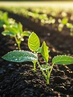 Soybean seedlings emerging in the morning sunlight on a farm field photo