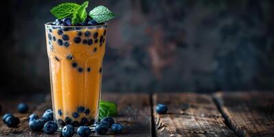 Fresh boba milk tea topped with blueberries and mint on a wooden table photo