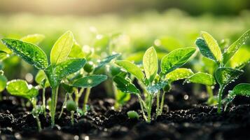 Soybean seedlings emerging under sunlight in a growing field photo