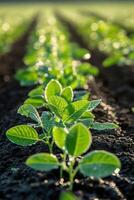 Soybean seedlings thriving in a field under morning sunlight photo