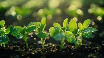 Soybean seedlings thriving in the field under morning sunlight photo