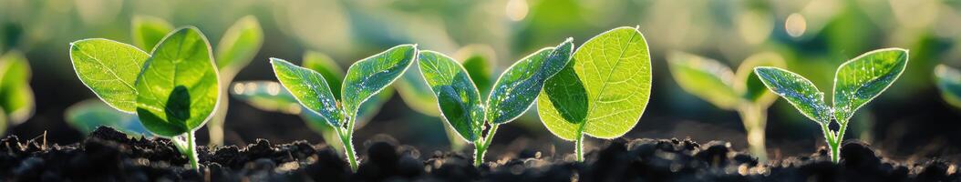 Soybean seedlings emerging in the field during spring growth photo