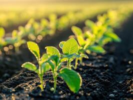 Soybean seedlings growing in a field during early morning light photo