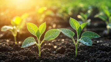 Soybean seedlings grow in a field during sunrise photo