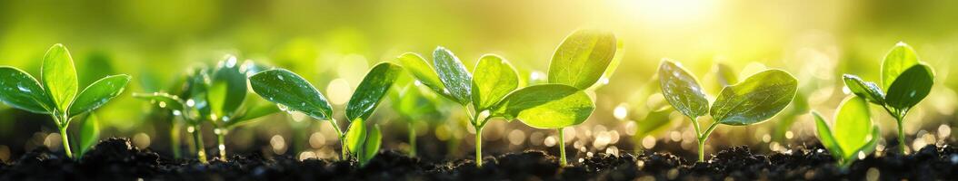 Soybean seedlings grow healthy in a sunlit field during spring photo